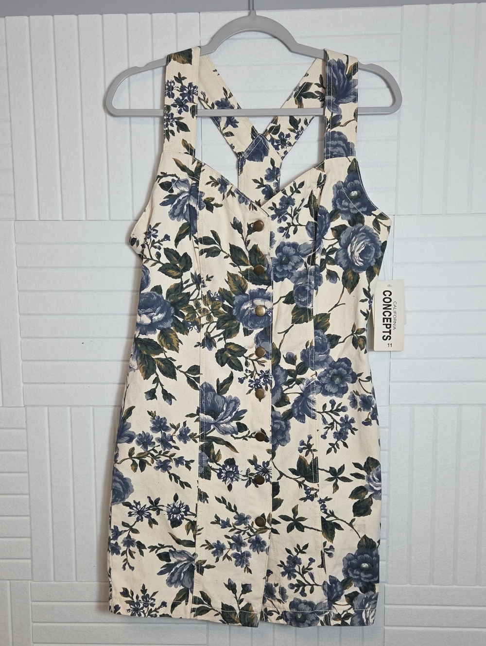 California Concepts Floral Denim Button Front Sweetheart Dress Size 11 NWT